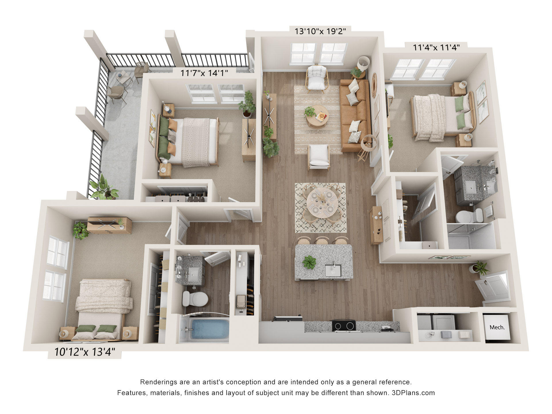 Floor plan for 3 beds, 2 baths, 1220 sqft